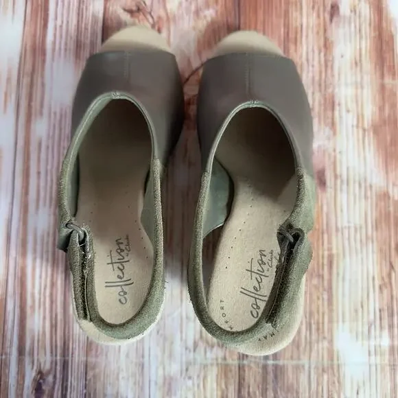 Clarks LAFLEY JOY Sz 7 Gray Leather Suede Cork Wedge Heel Sandals Open Toe Shoes - Picture 5 of 10
